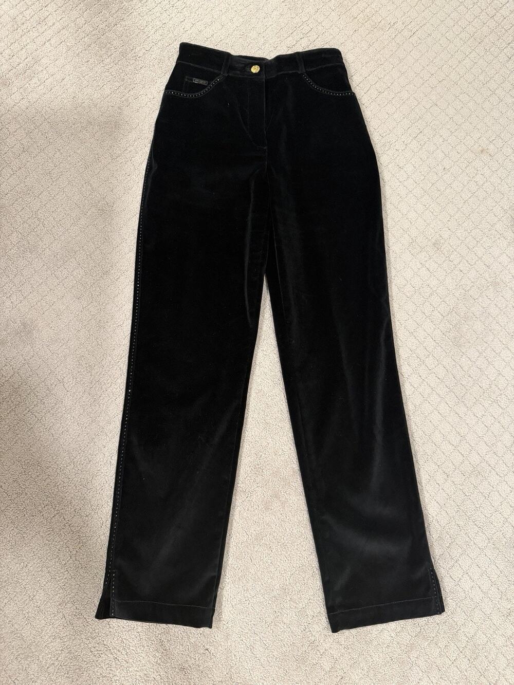 St John Sport Marie Gray Velvet Pants Womens 2 Black Embellished Straight Leg